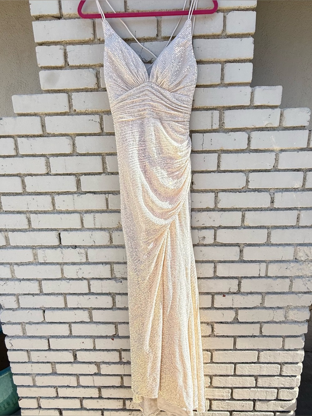 Elizabeth K by GLS Sequin Tie Back Ruched Maxi Gown in Rose Gold - Size Medium